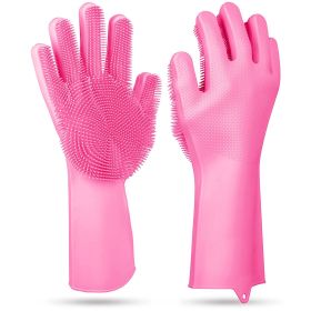 1 Pair Magic Silicone Brush Dishwashing Gloves Cleaning Sponge Pet Scrubber Heat Resistant Wash Gloves (Color: pink, size: One size)