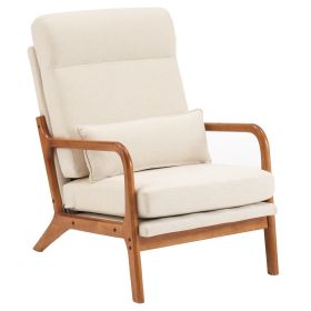 High Back Solid Wood Armrest Backrest Iron Frame Linen Indoor Leisure Chair Off-White (Color: beige)