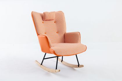 35.5 inch Rocking Chair, Soft Houndstooth Fabric Leather Fabric Rocking Chair for Nursery (Color: orange, Material: Cotton Linen)